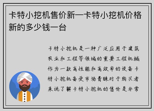 卡特小挖机售价新—卡特小挖机价格新的多少钱一台